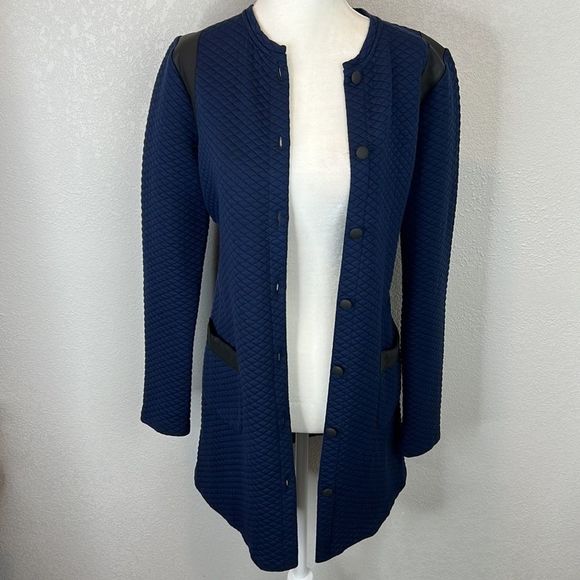 Sezane Quilted Long Line Jacket Navy with Black Leather Trim Size Medium - Picture 15 of 15